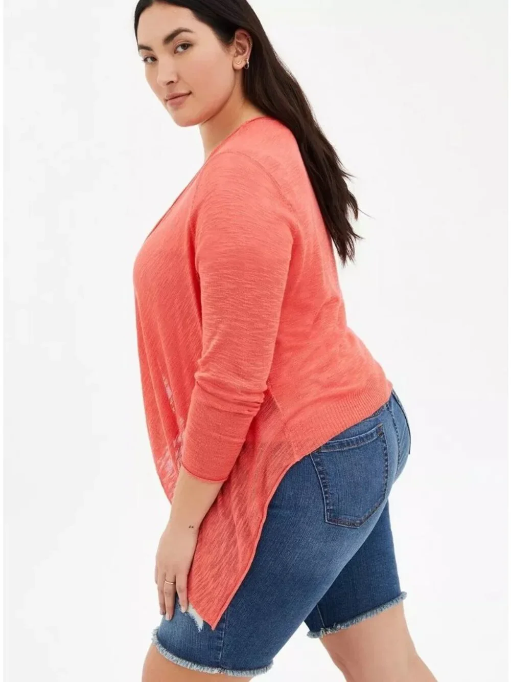 Torrid Slub Cardigan Sweater Size 6X Drape Front Long Sleeve Rayon Blend Coral - Picture 2 of 9